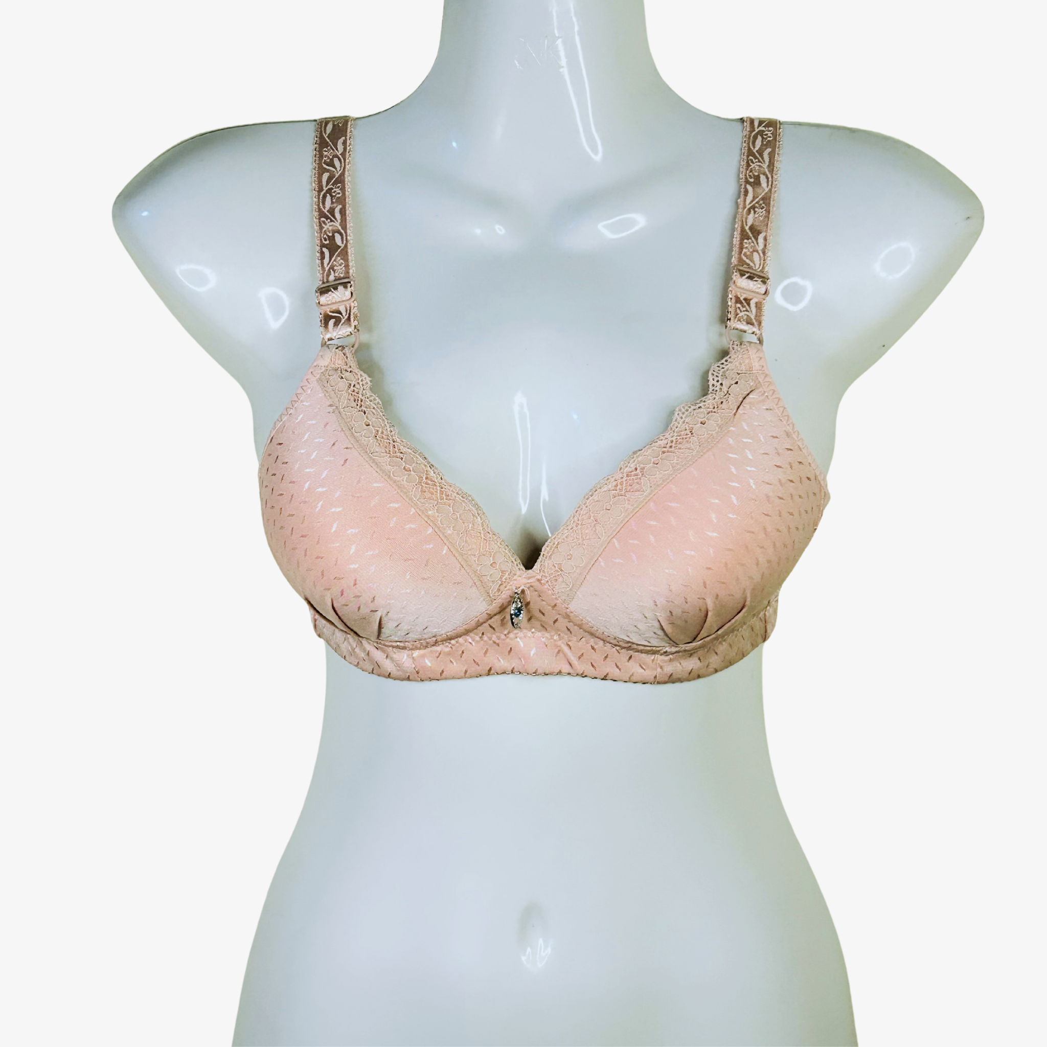 FEMINIQUE DOUBLE PADDED WIRE-FREE 3/4TH COVERAGE SLIGHTLY LACED BRA- PINK, SKIN